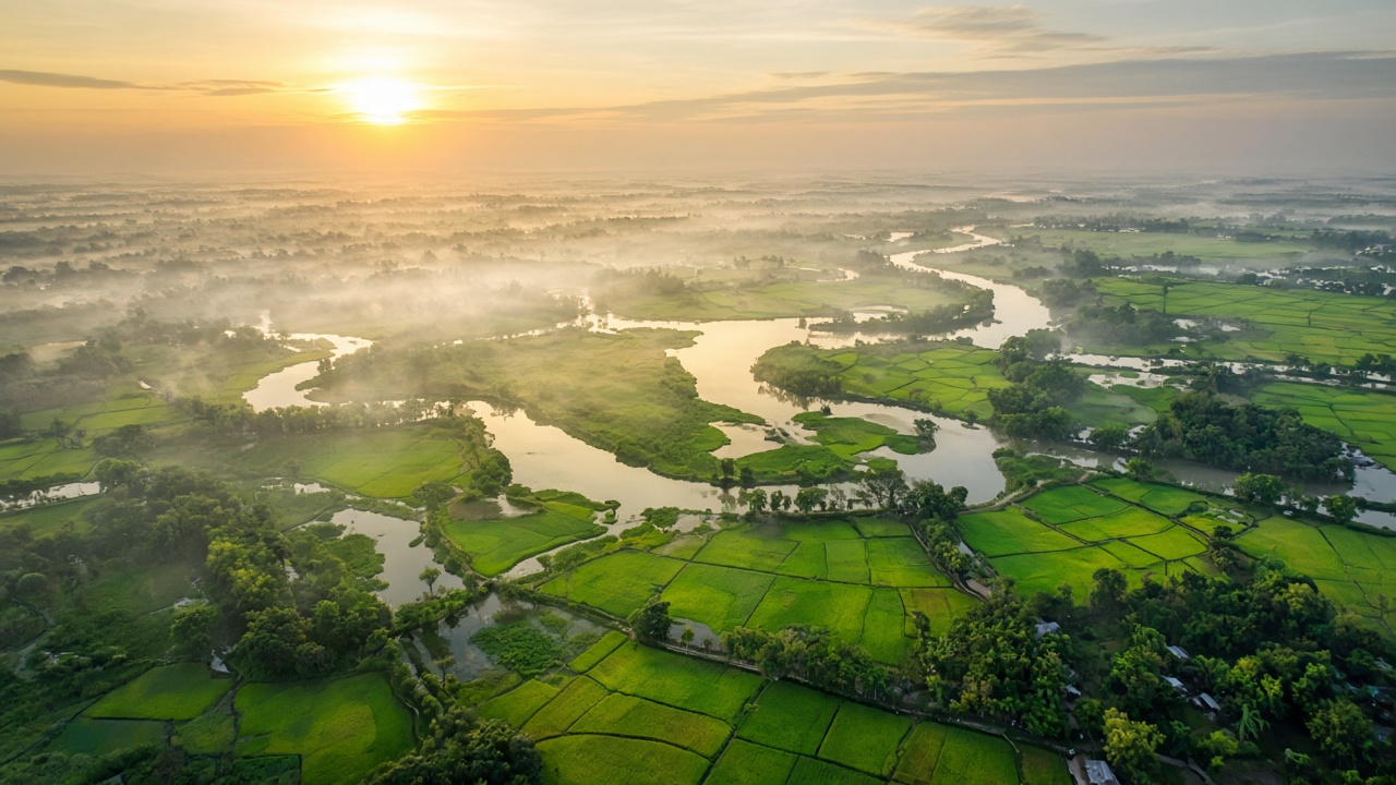 Sunrise over Bangladesh riverlands and green fields